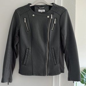 Women’s Grey Leather Jacket Moto Chic Minimal Textured Leather Sliver Zippers